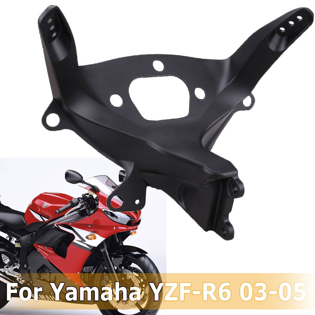 Black upper fairing stay bracket with mounting holes and cutout for headlight area