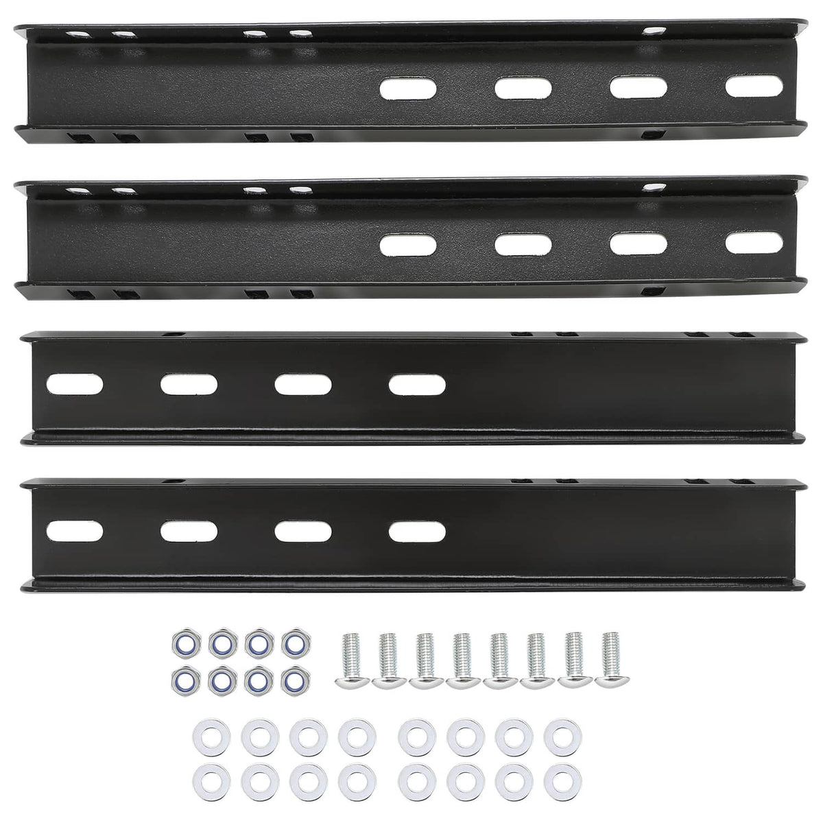 Black trailer fender support brackets with predrilled mounting holes and hardware