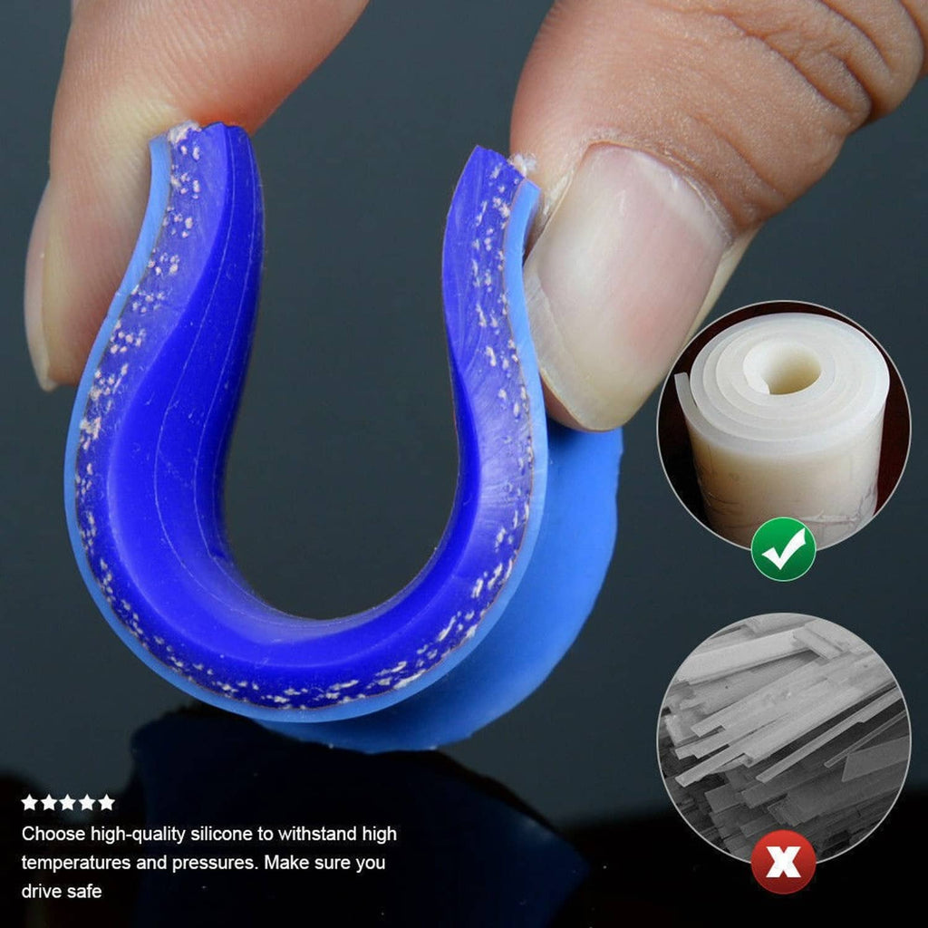 Blue U-shaped silicone radiator hose section held in fingers, showing inner bore