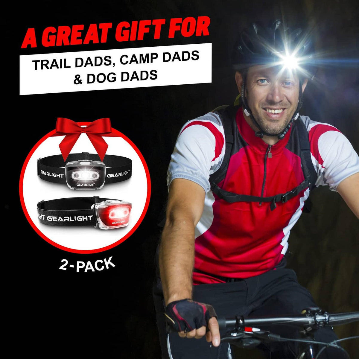 Black USB rechargeable headlamp 2-pack with white and red LED modes on straps