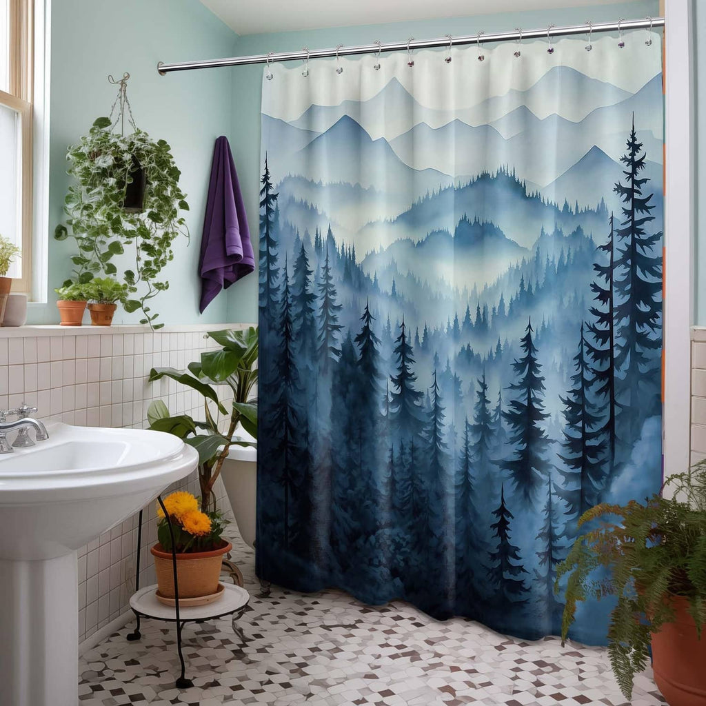 Navy blue forest scene shower curtain with pine trees and layered mountain peaks