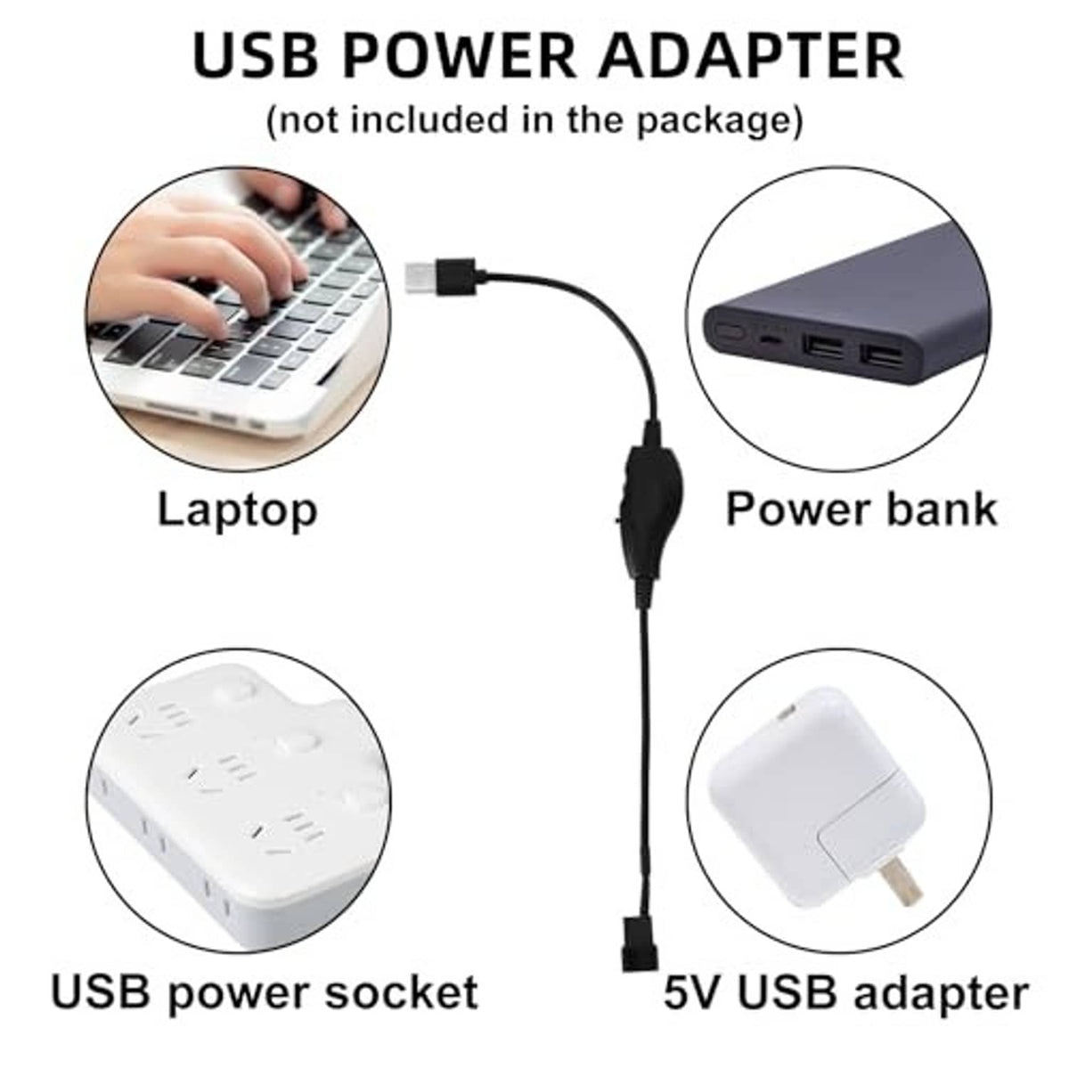 USB 5V power adapter cable with USB plug and inline 4-pin fan connector