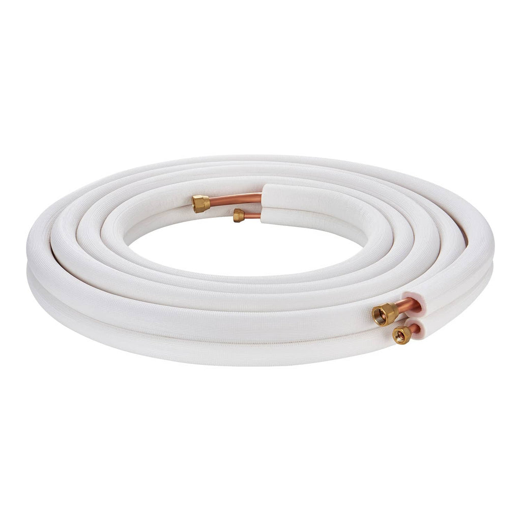 Insulated mini split line set with coiled white tubing and copper-brass connection fittings