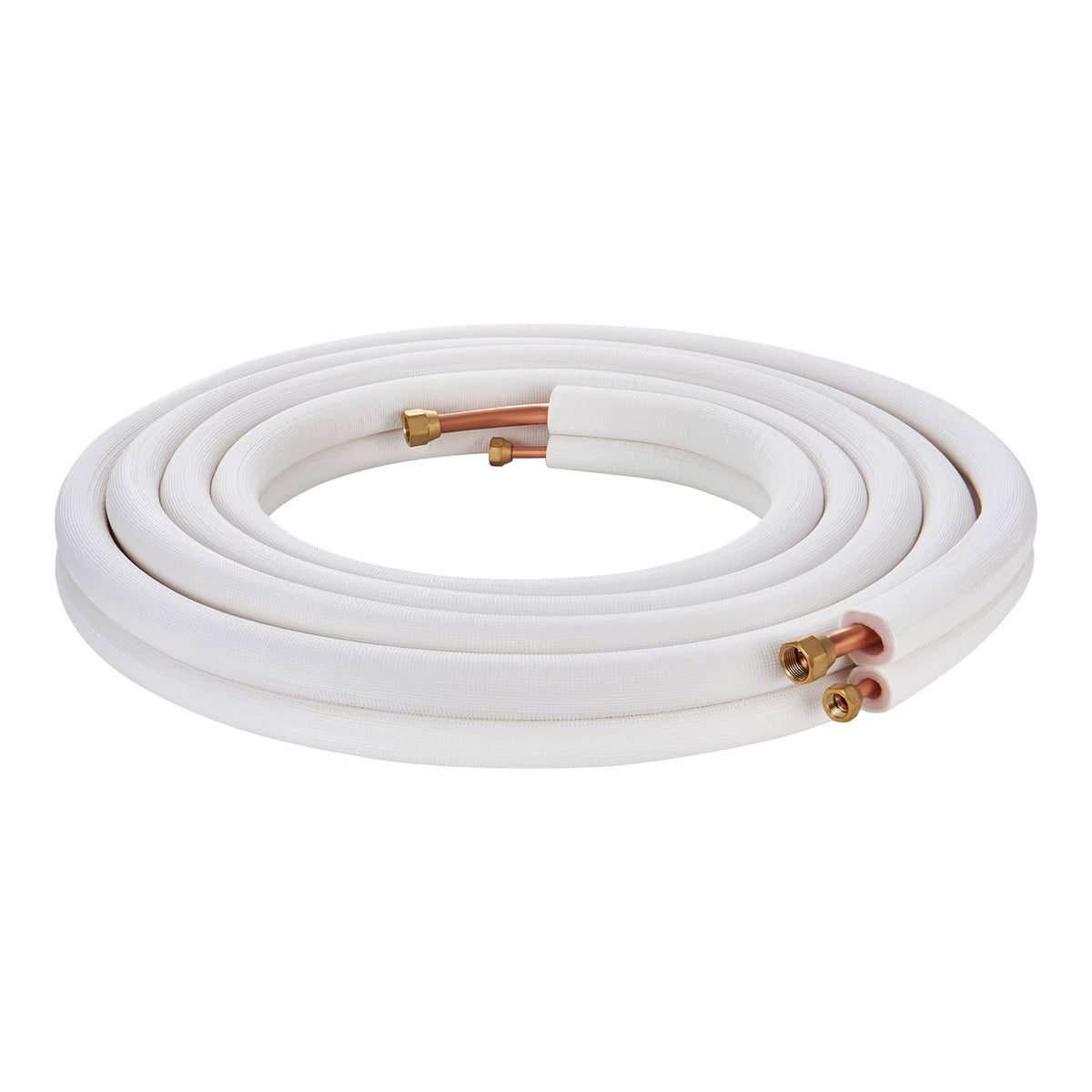 Insulated mini split line set with coiled white tubing and copper-brass connection fittings