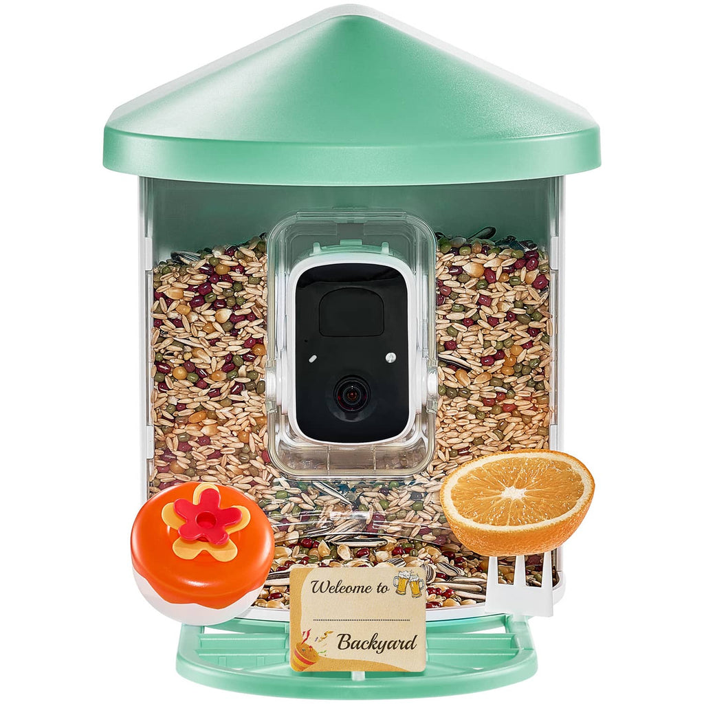 Smart bird feeder close-up with mint roof, clear window, black camera module, and seed tray.