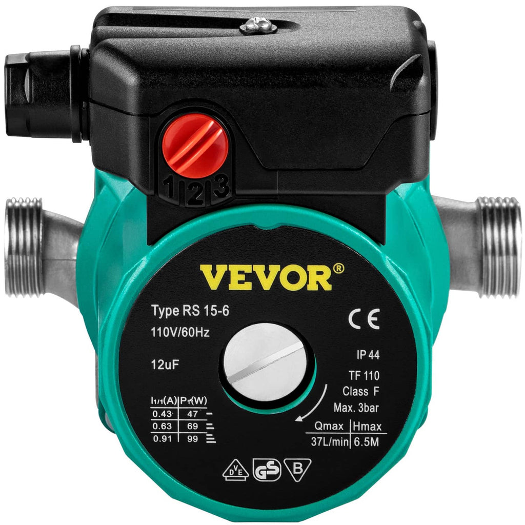 Hot water circulation pump with VEVOR label, black top, teal body, dual threaded ports