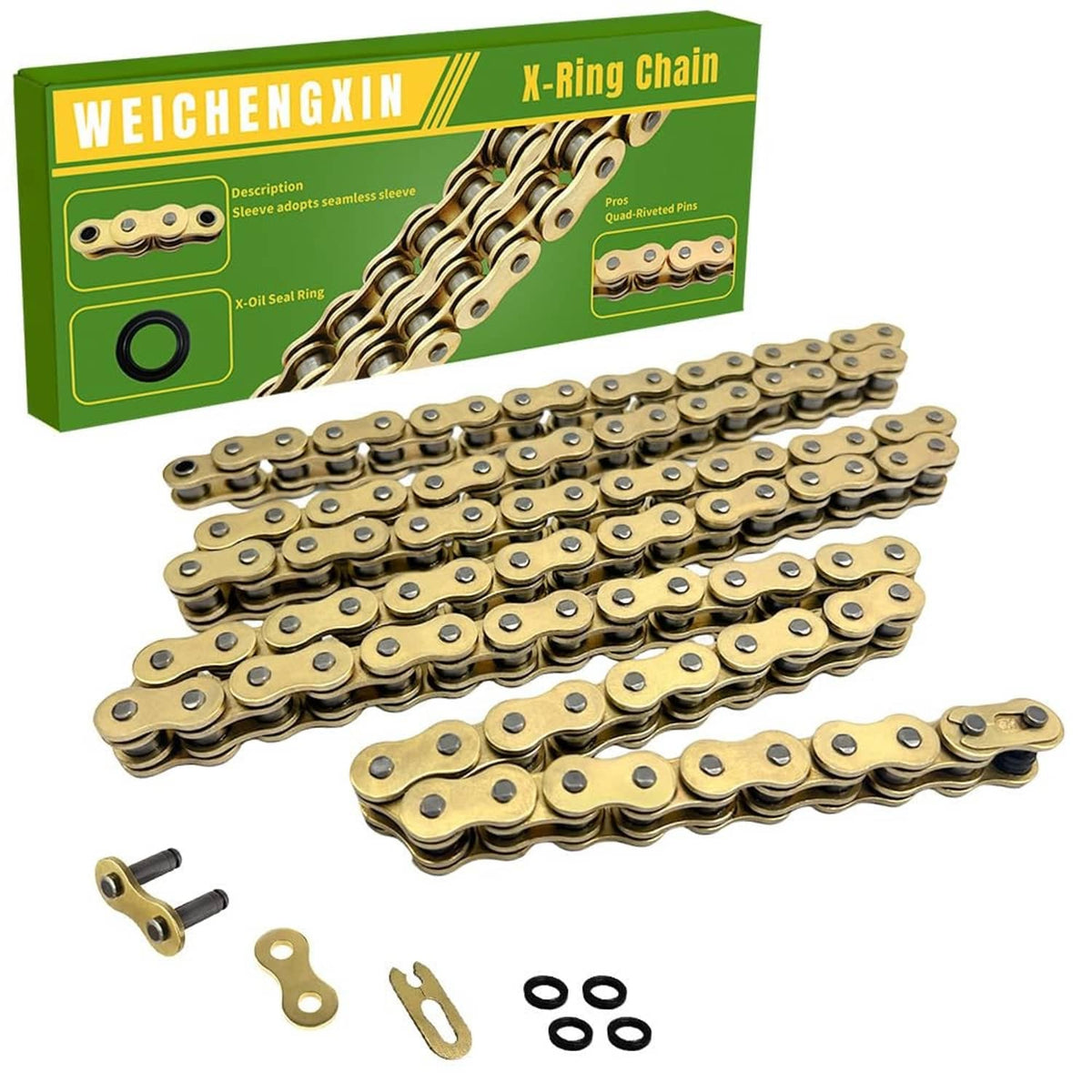 Gold X-ring chain links on retail box with small O-ring and pin hardware