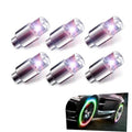 Set of 6 LED tire valve stem caps, silver metal with clear dome, bright multicolor flash