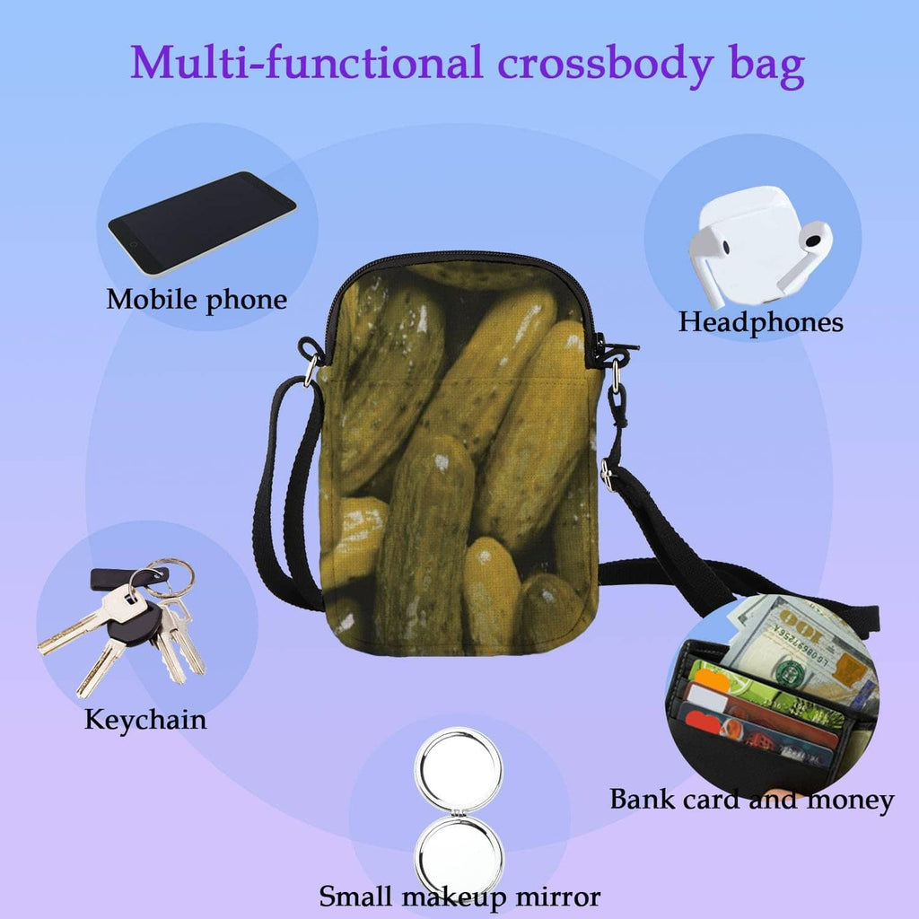 Pickle-print crossbody bag with black shoulder strap for small essentials