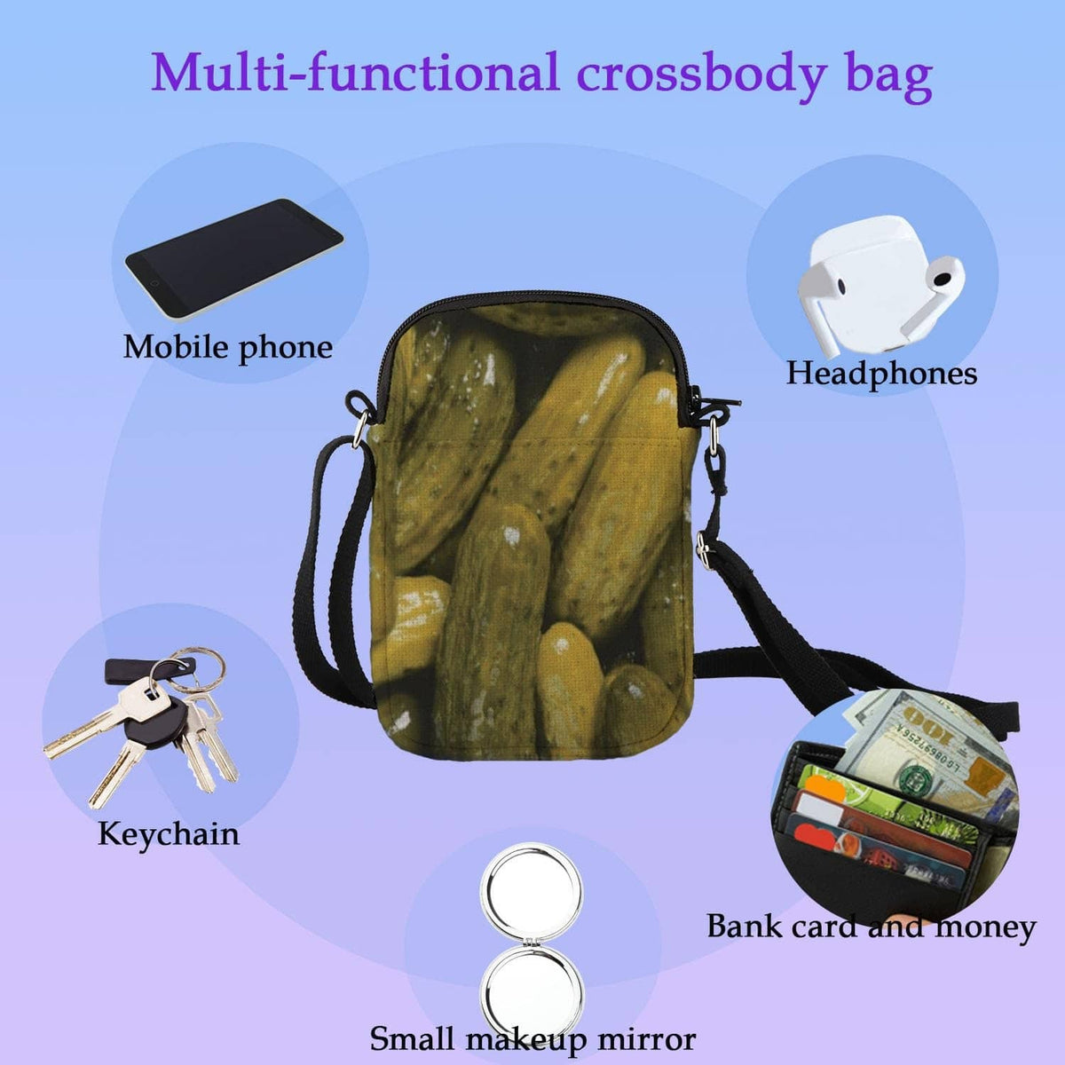 Pickle-print crossbody bag with black shoulder strap for small essentials