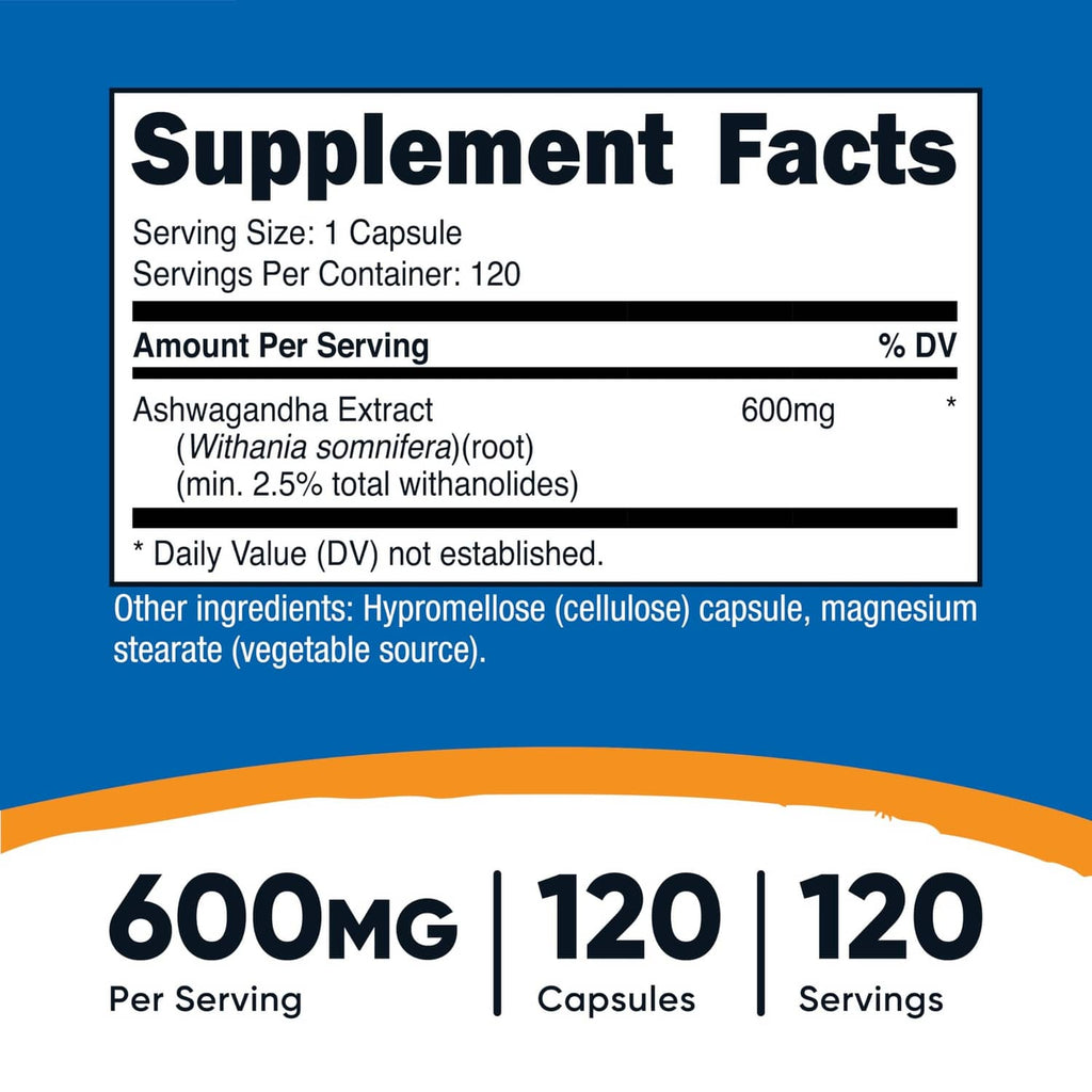 Supplement facts panel showing 600mg ashwagandha extract per serving, 1 capsule size