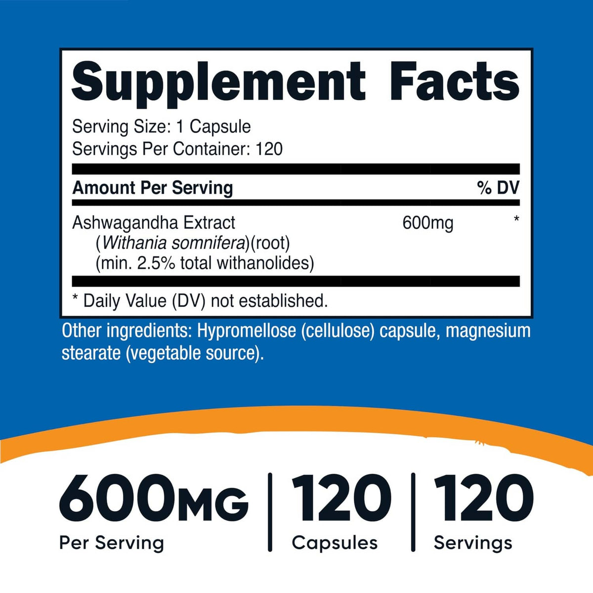 Supplement facts panel showing 600mg ashwagandha extract per serving, 1 capsule size