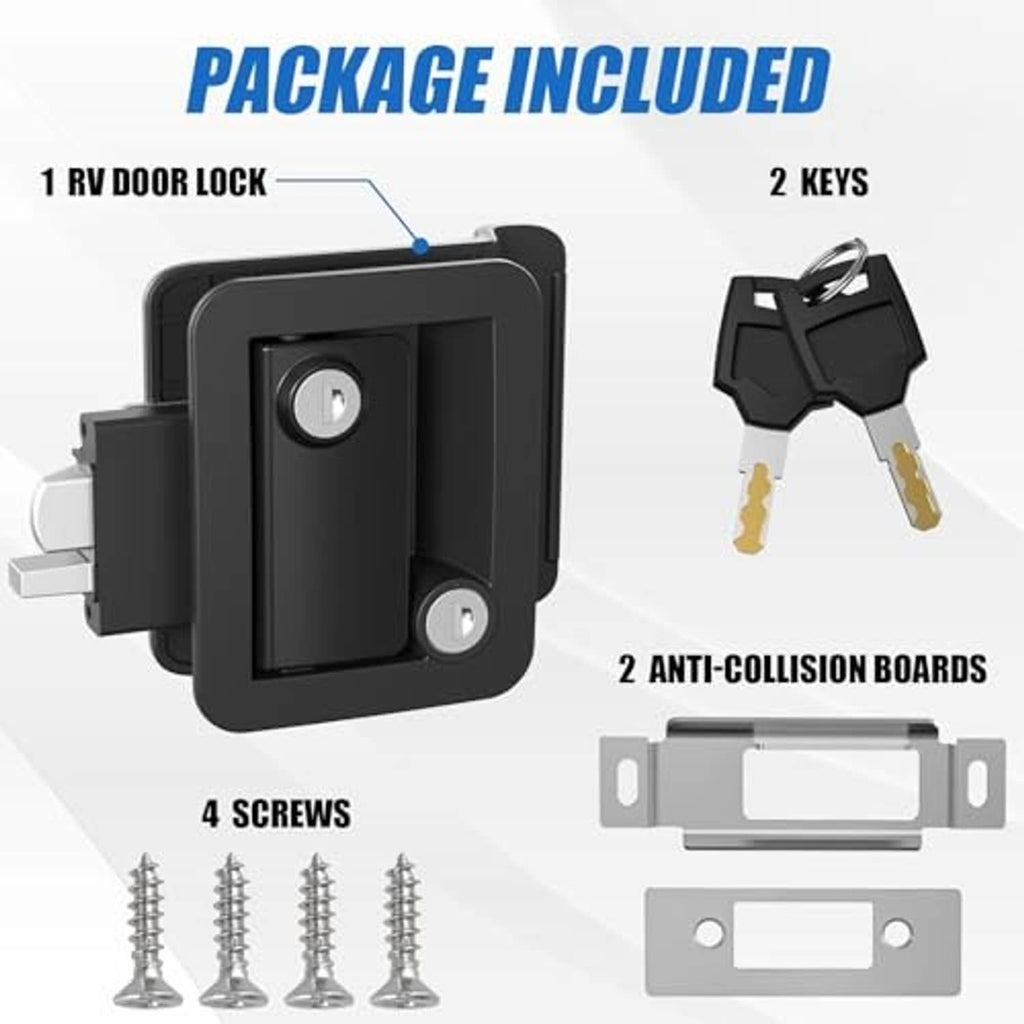 Black RV door lock kit with lock, two keys, mounting plates, and screws