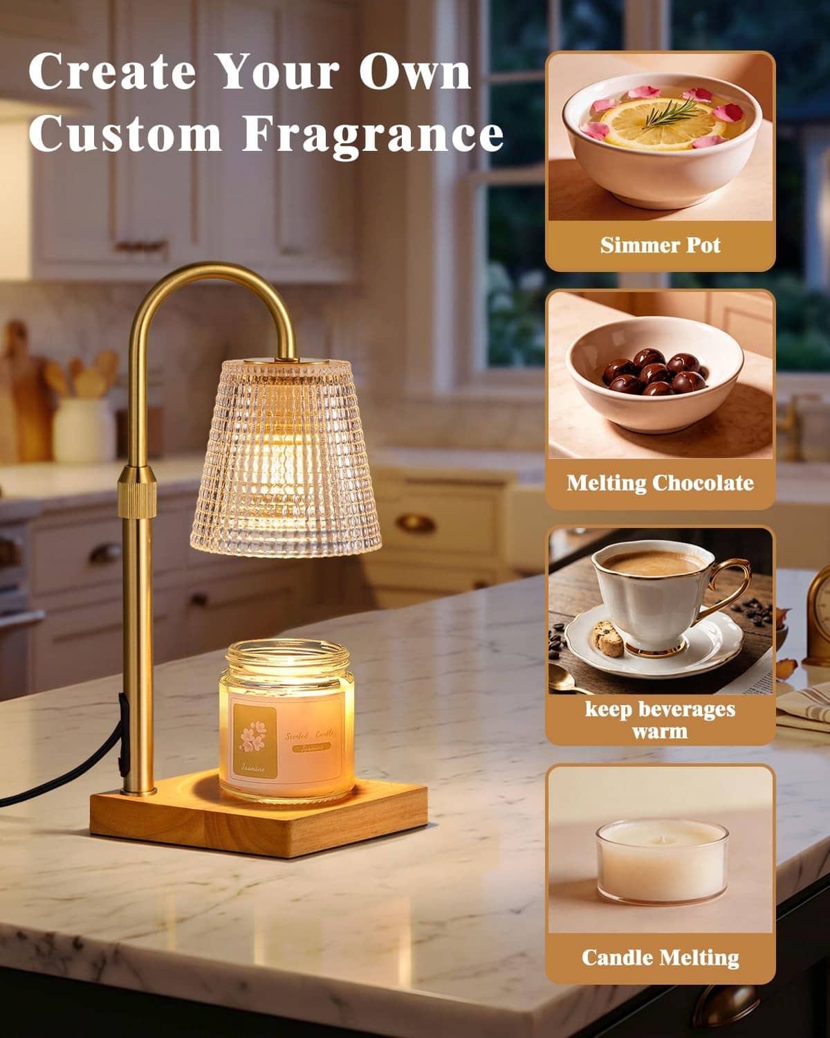 Candle warmer lamp with brass frame and clear shade over a glass candle jar