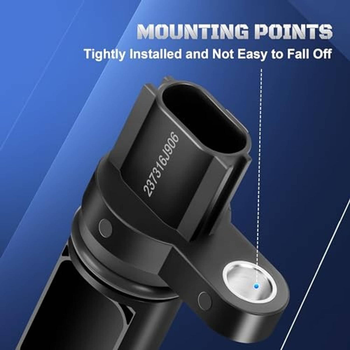 Close-up black camshaft position sensor with rounded housing and metal mounting plate