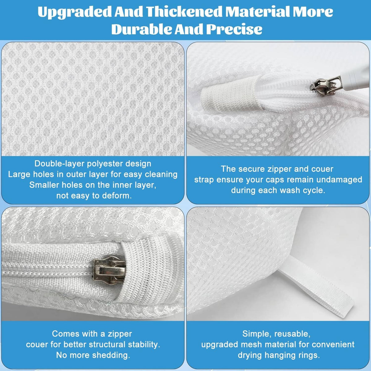 Close-up of white double-layer polyester mesh hat washer bag with zipper detail