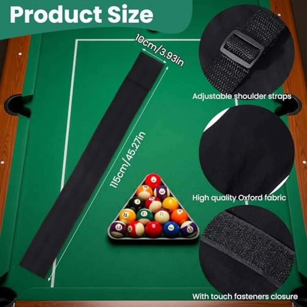 Black cue case with adjustable shoulder straps and touch-fastener closure; durable oxford fabric