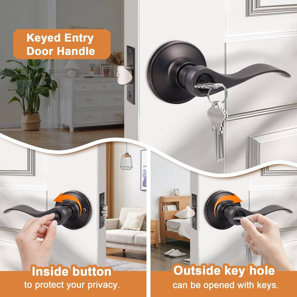 Keyed entry door lockset with oil-rubbed bronze cylinder, dark lever, and keys