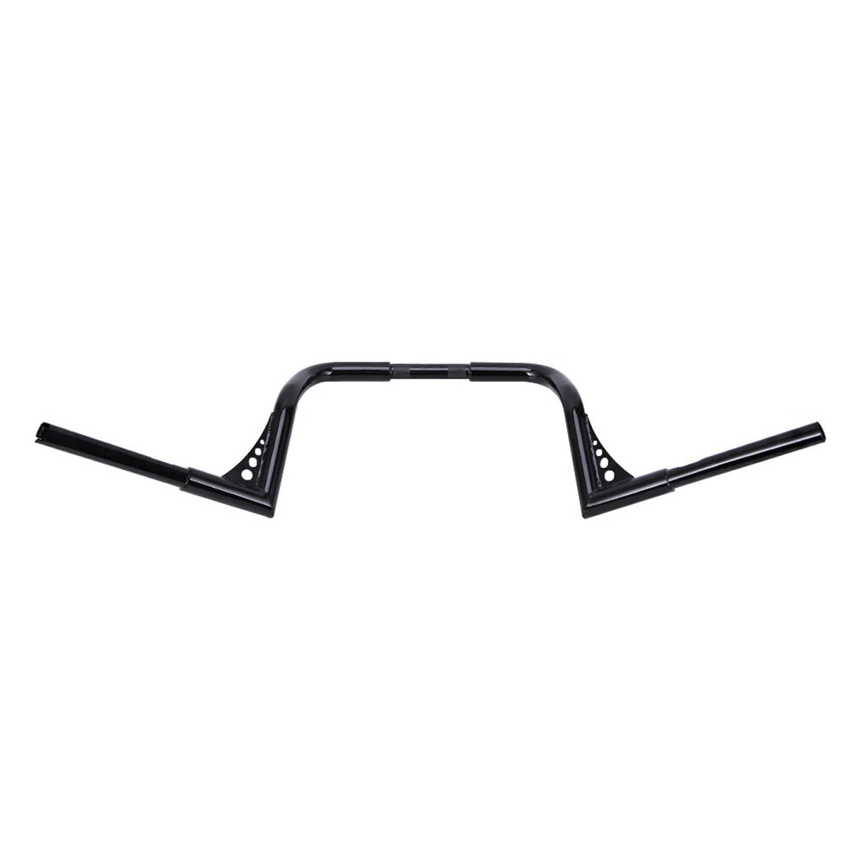 Black meathook-style motorcycle handlebar with wide arch and drilled mounting tabs