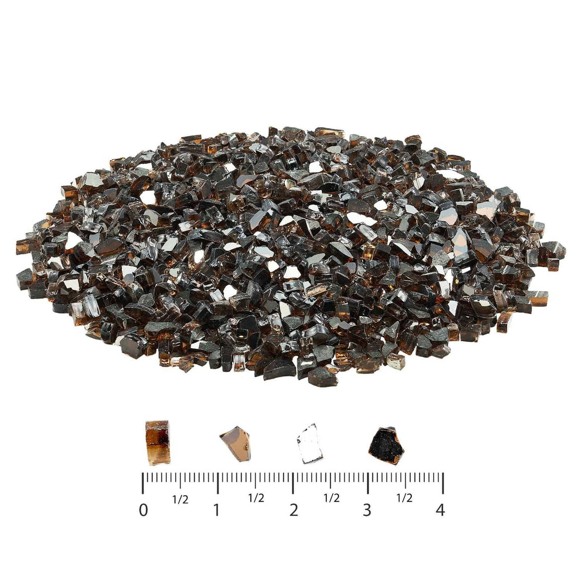 Copper crushed glass rocks pile with small sample pieces and measurement marks