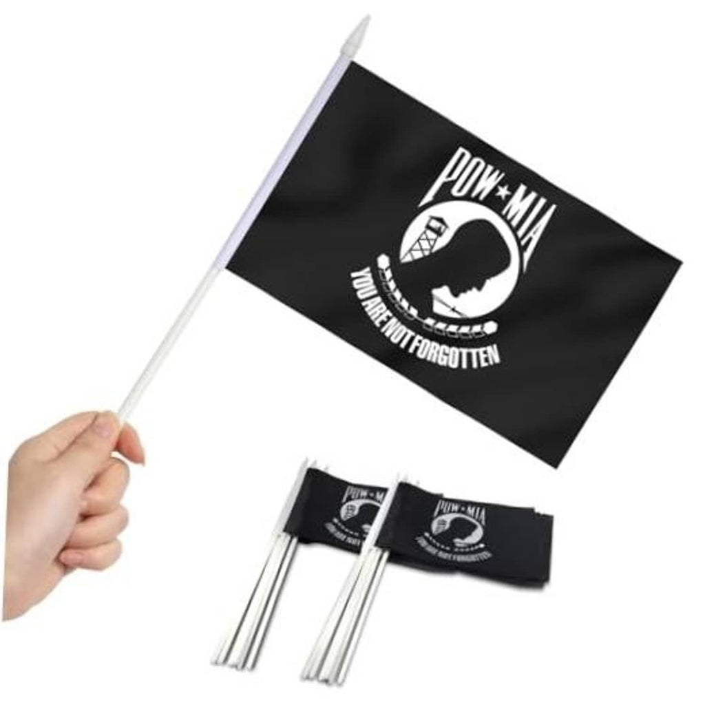Mini hand-held POW/MIA flag with black fabric and white circular emblem on pole
