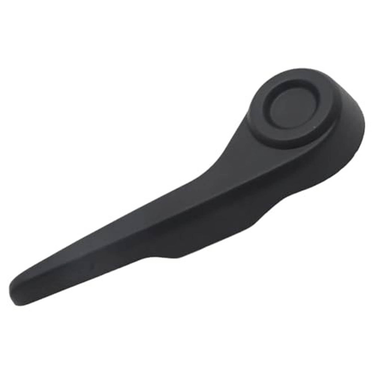 Black seat recliner lever with circular button, angled molded arm.