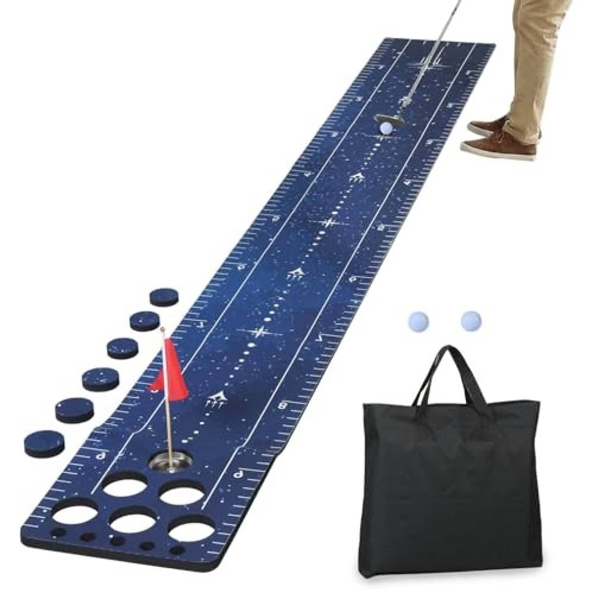 Blue indoor putting mat with flag, hole layout, two white balls, and storage bag
