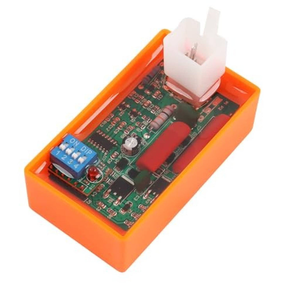 Orange CDI ignition box circuit board, 5-pin header and DIP switch