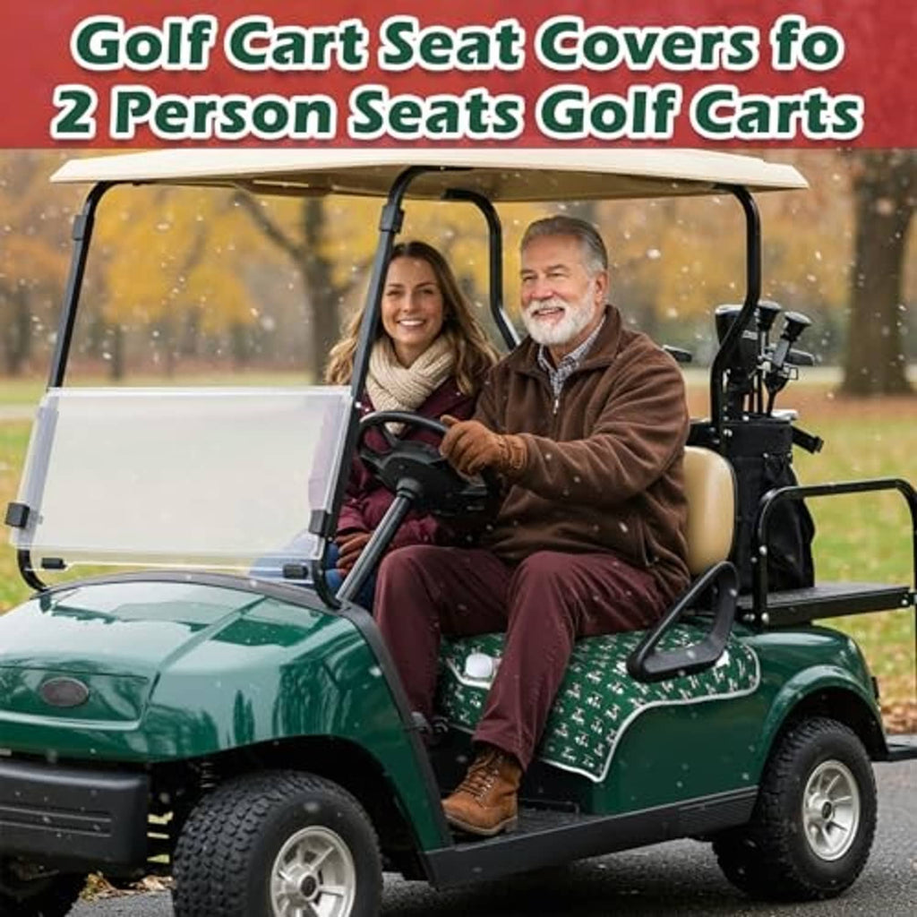 Green Christmas golf cart seat cover on a two-seat golf cart