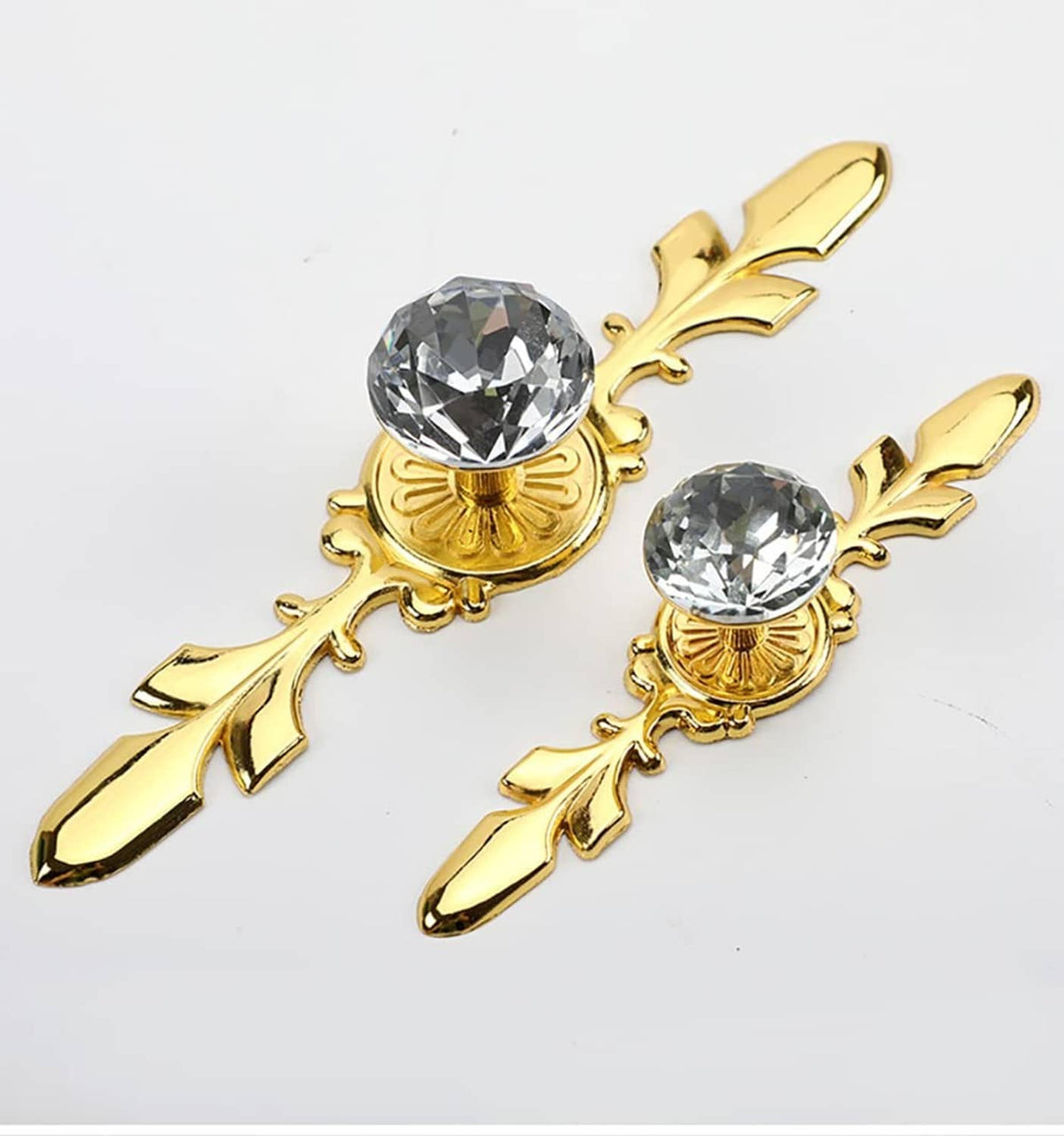 Gold decorative glass crystal knobs with clear faceted stones and leaf-shaped stems (2)