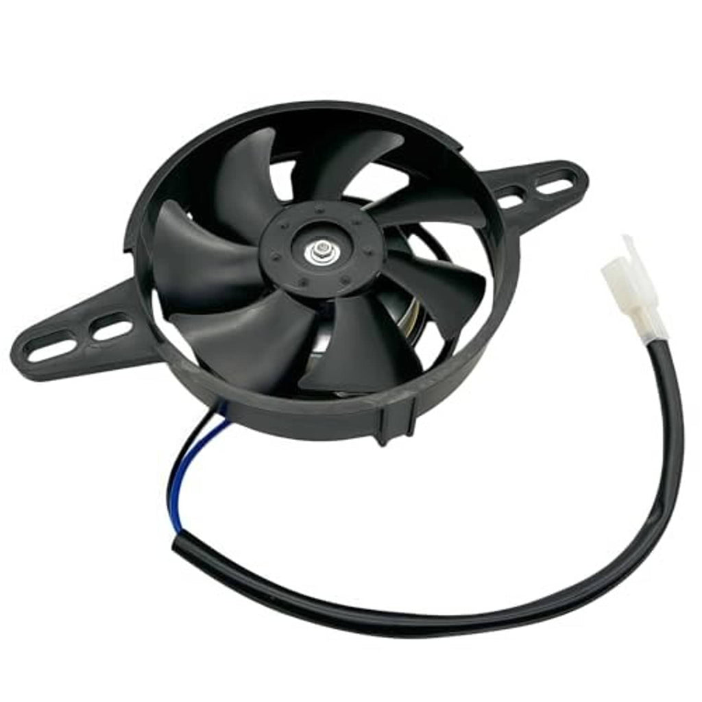 12V DC radiator cooling fan with black shroud, blue power cable, and white wire connector.