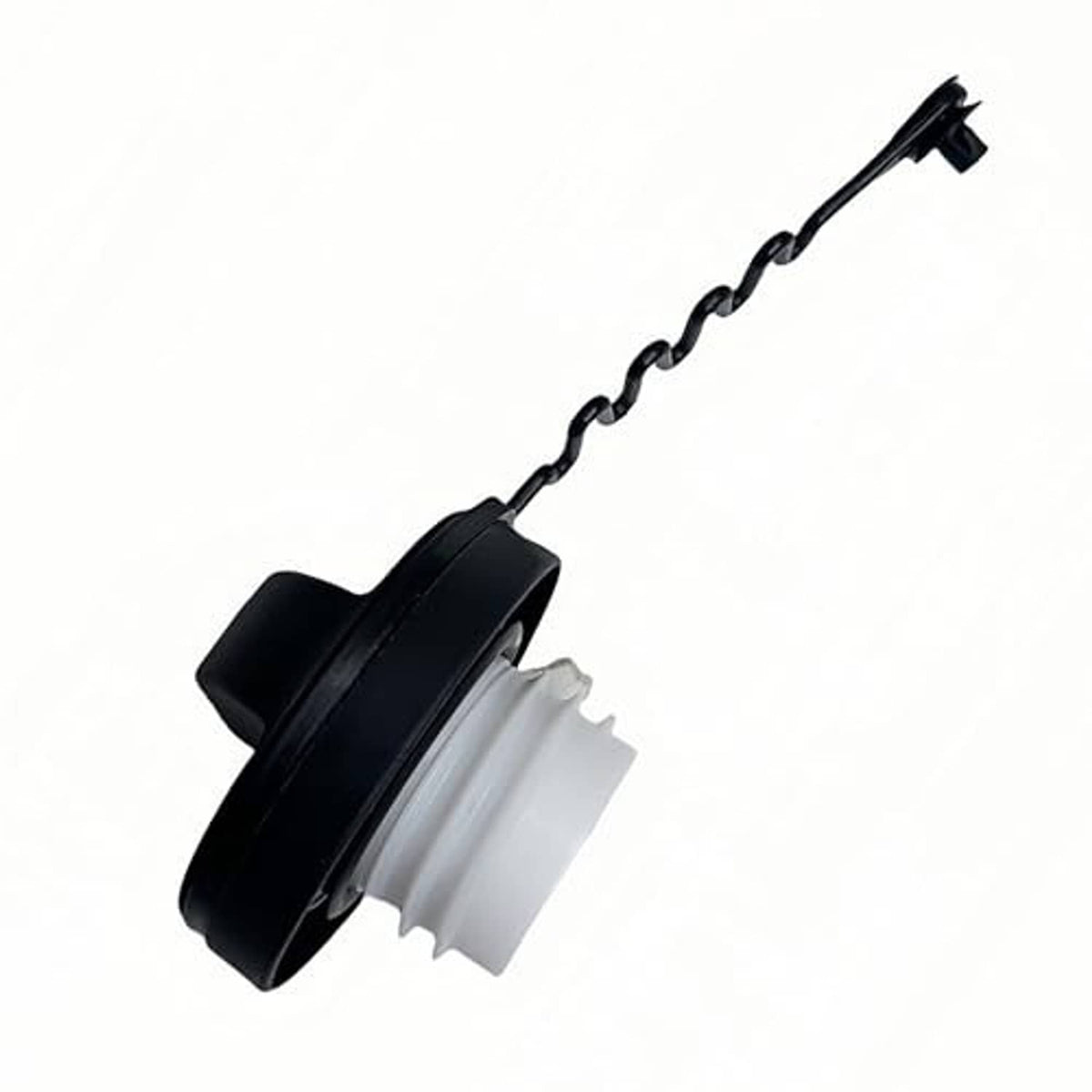 Fuel tank filler cap assembly with black outer ring, white inner ring, and tether spring