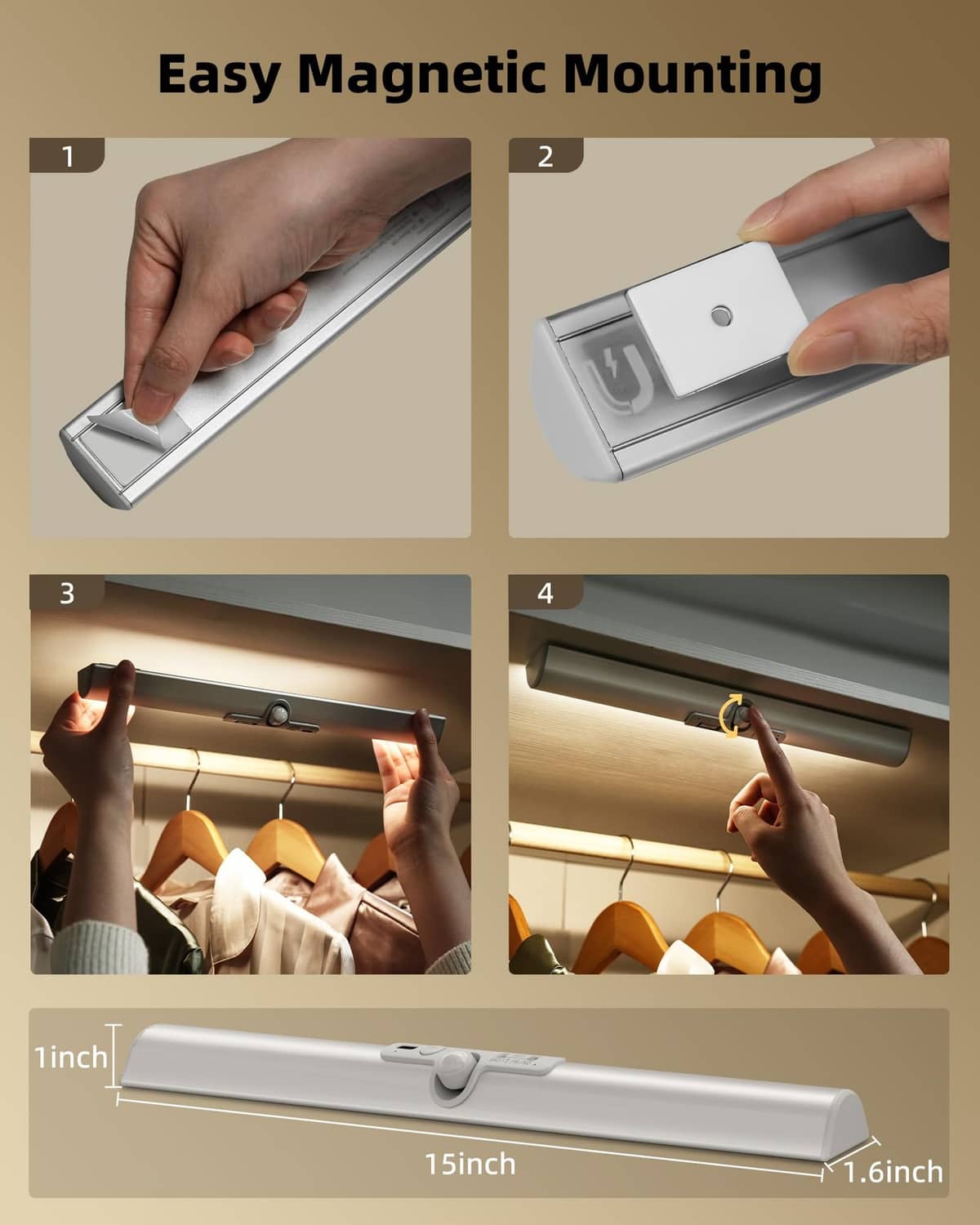 Slim LED motion sensor light bar with easy magnetic mounting for secure installation