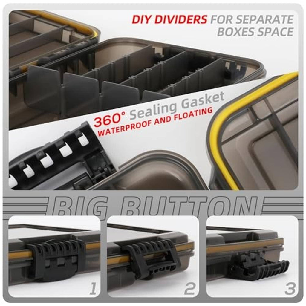 Waterproof tackle box interior showing 360° sealing gasket and DIY divider spaces