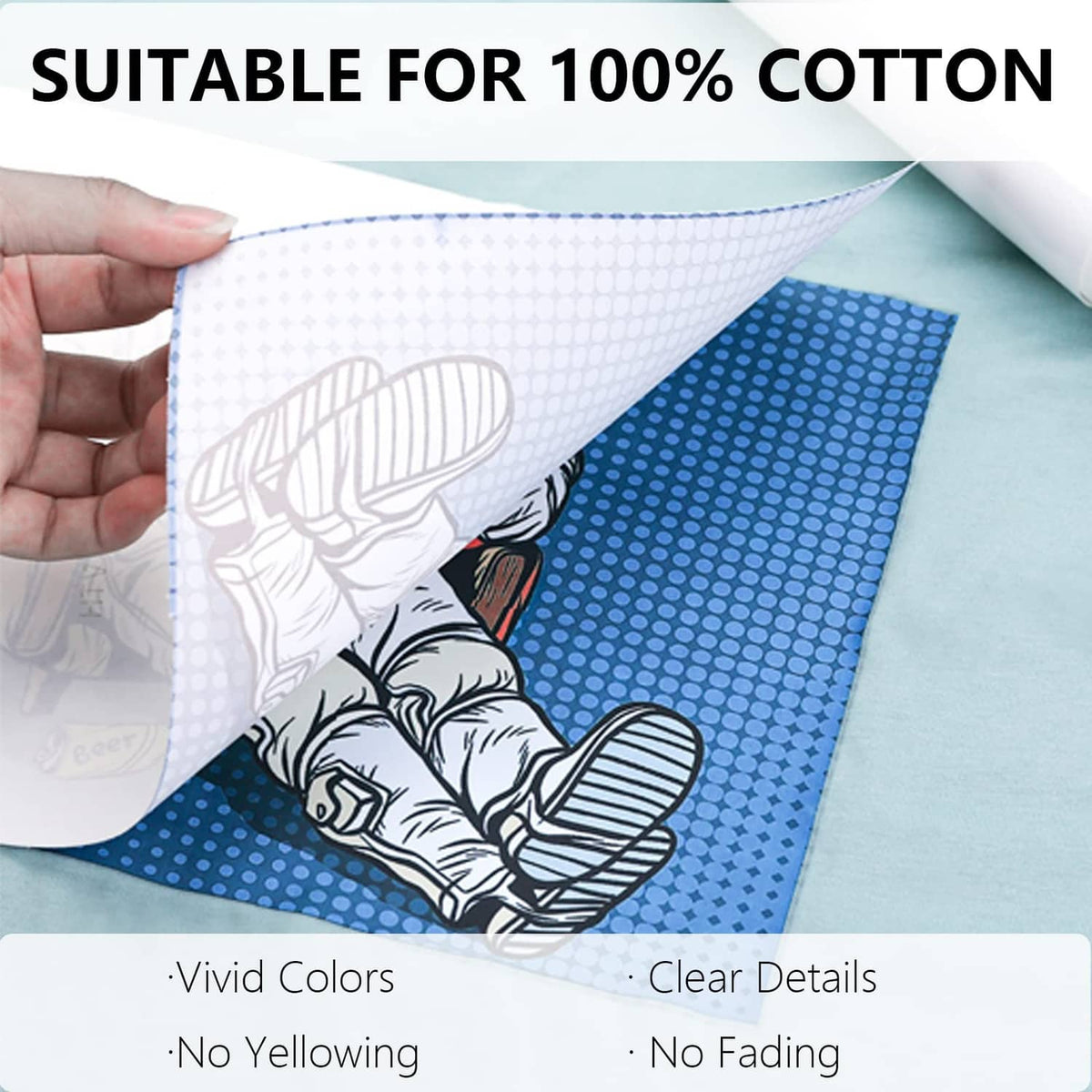 Sublimation HTV sheet with cactus graphic, white backing partially peeled for 100% cotton
