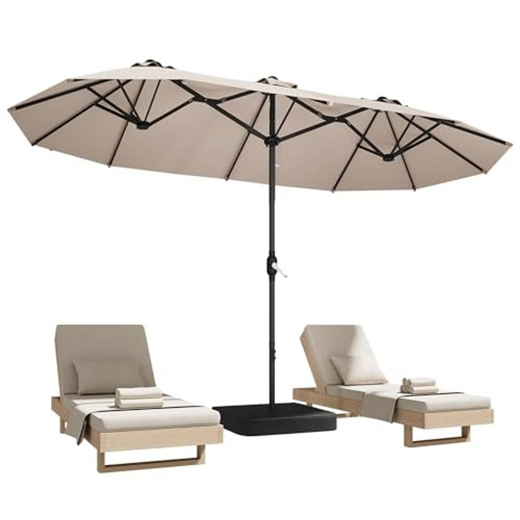 Rectangle patio umbrella with base, beige canopy over black pole and ribs
