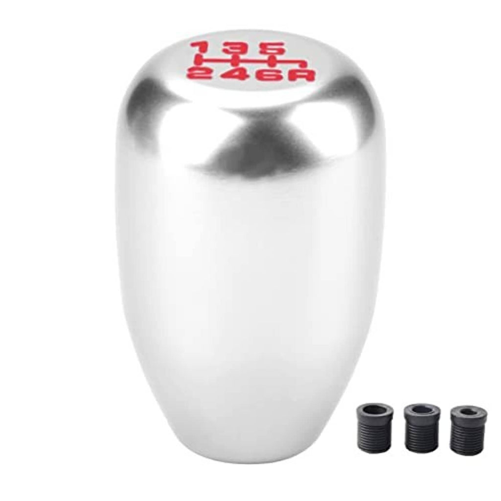 Silver manual gear shift knob with red 6-speed markings on top, shown with 3 black adapters