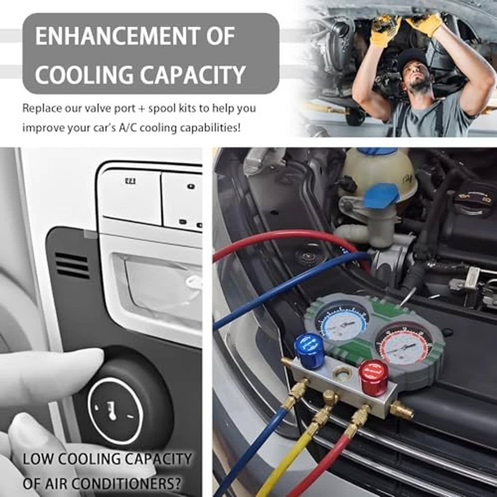 Car A/C valve core tool kit with parts shown above; cooling capacity enhancement graphic