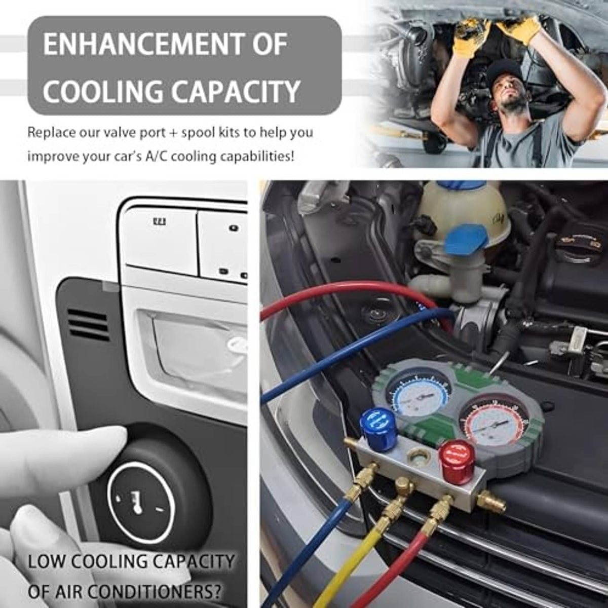 Car A/C valve core tool kit with parts shown above; cooling capacity enhancement graphic