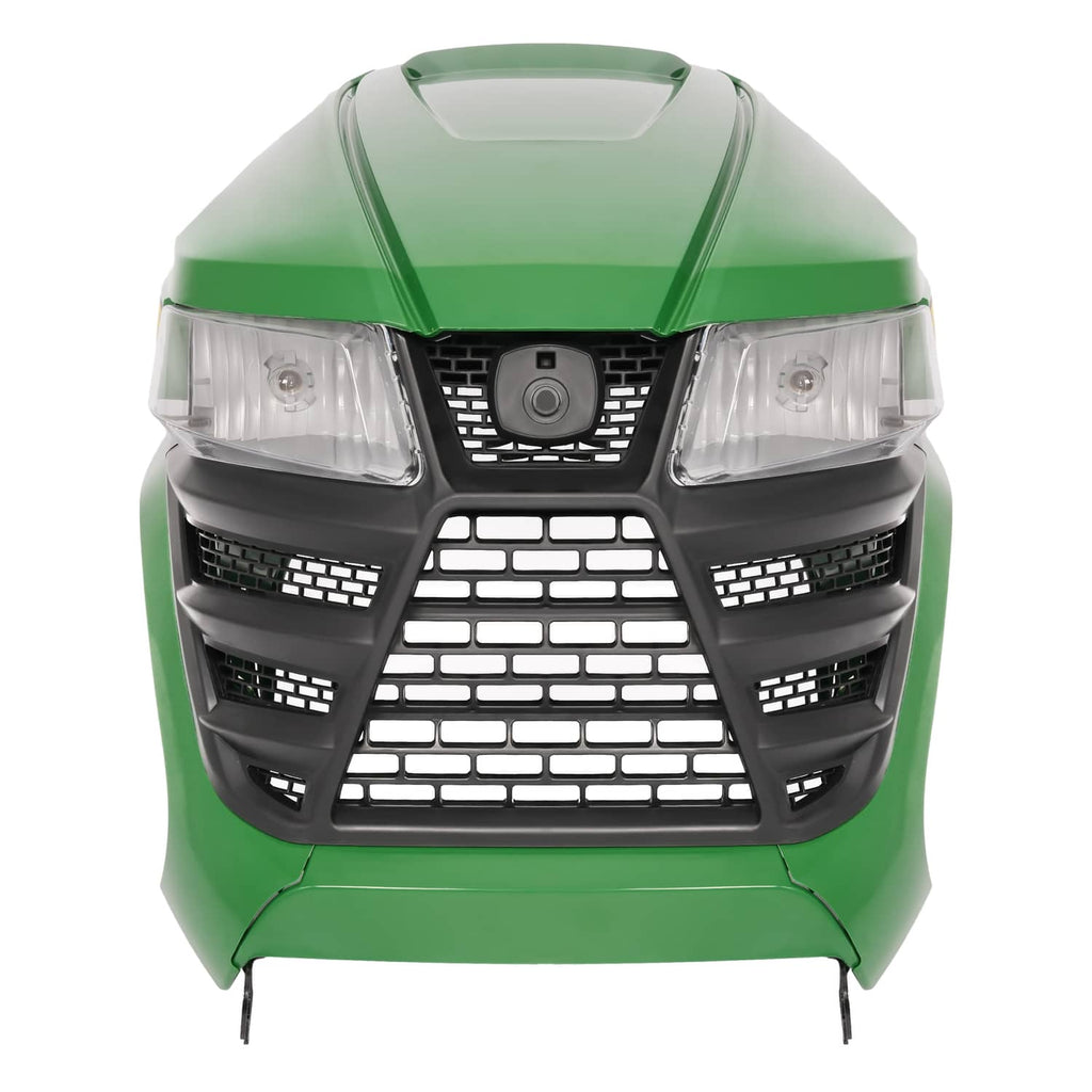 Green front hood with black grille guard, center headlight housing, and LED lamp lenses