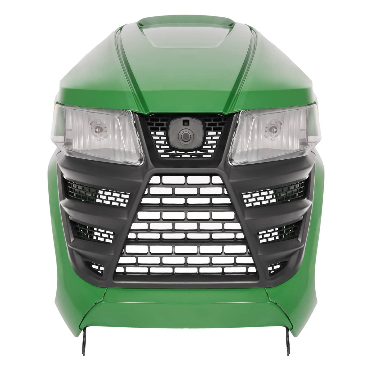 Green front hood with black grille guard, center headlight housing, and LED lamp lenses