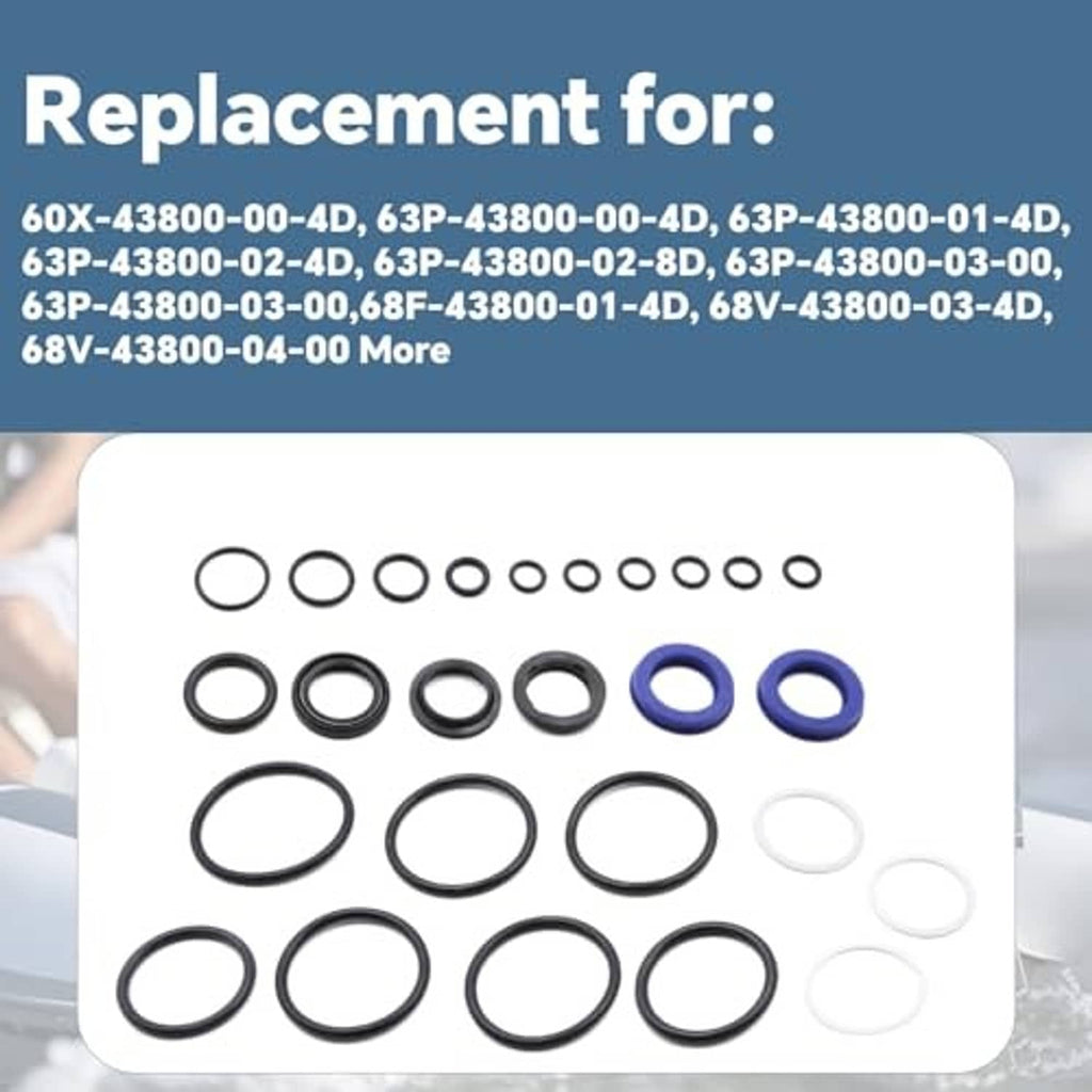Tilt trim seal kit in package with black, white, and blue O-rings and seals