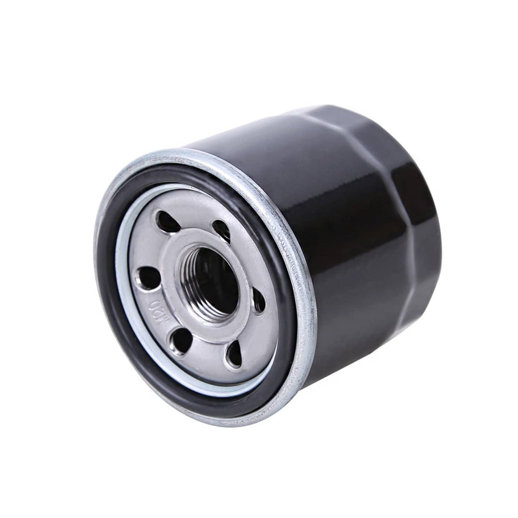 Oil filter cartridge with metal end and central threaded hole, black housing