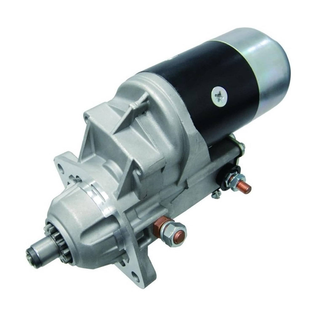 Diesel starter motor with silver housing and black center band, front mounting bracket