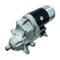 Diesel starter motor with silver housing and black center band, front mounting bracket