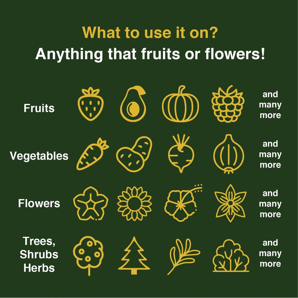 Fertilizer label listing use for fruits, vegetables, flowers, trees, and shrubs