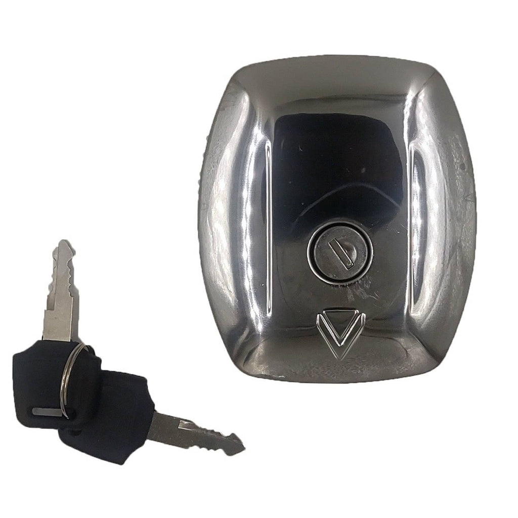Fuel tank cap with lock, metallic silver housing and two keys