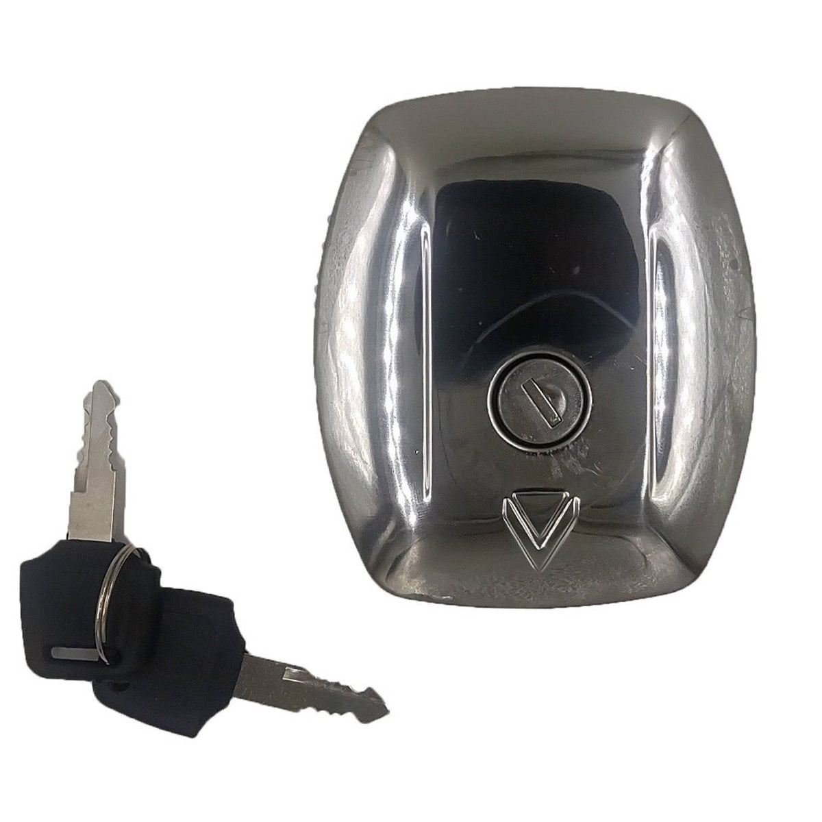 Fuel tank cap with lock, metallic silver housing and two keys
