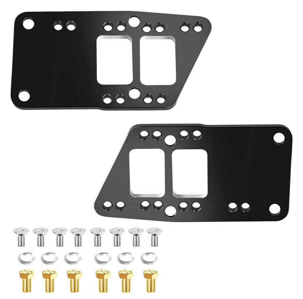 Pair of black engine mount conversion plates with bolt and washer hardware