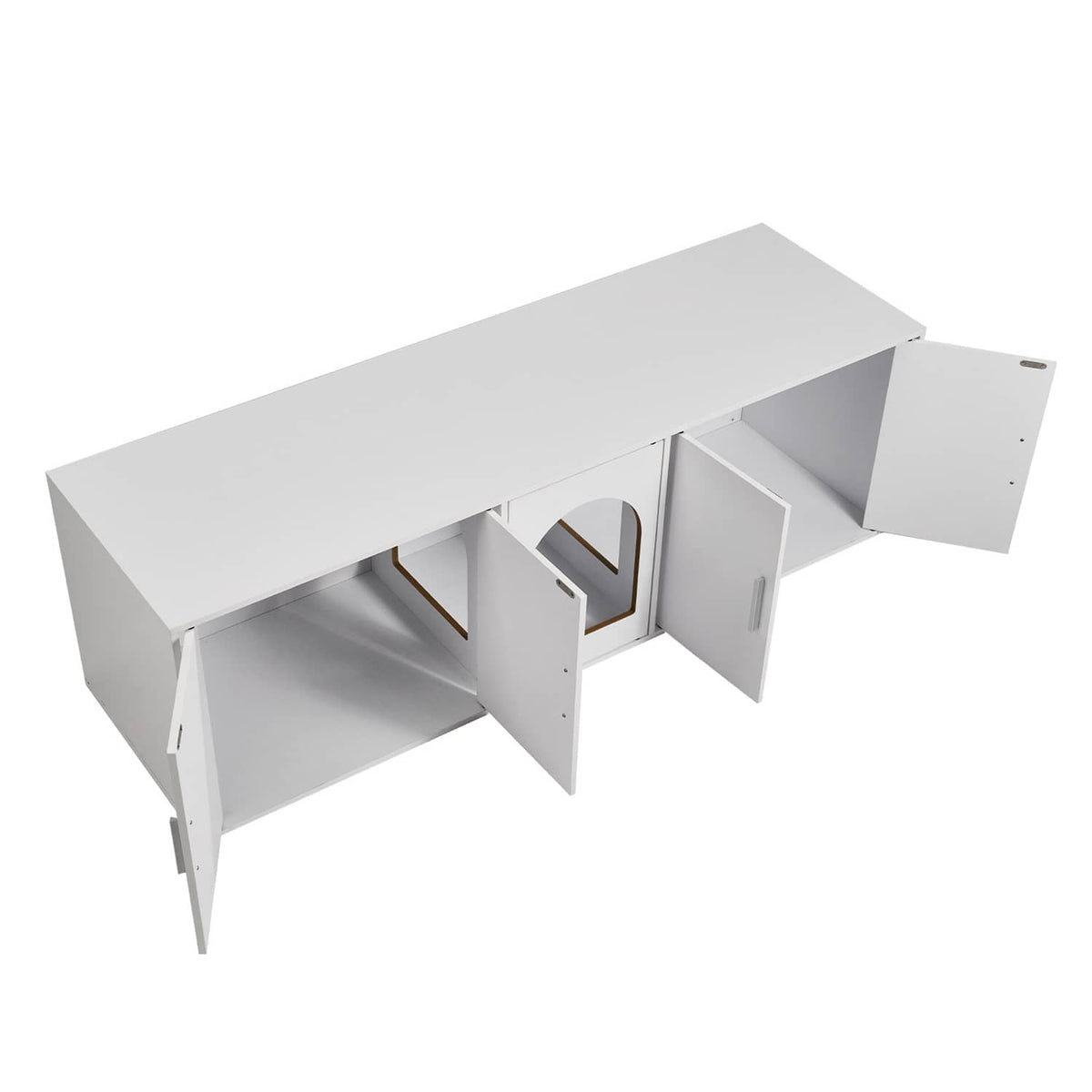 White wooden cat litter box furniture enclosure with open front and side access panels